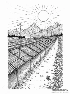 A shot of a solar panel farm stretching to th... - эскиз тату (№1754577875_0, 07.08.2025 14:44) — Tatufoto.com