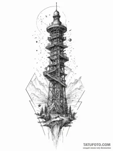 A space elevator, ink illustration for tattoo... - эскиз тату (№1754578078_0, 07.08.2025 14:47) — Tatufoto.com