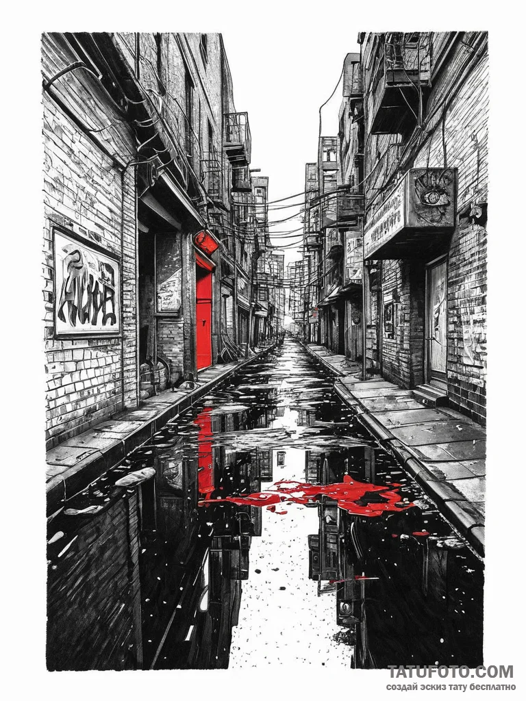 Tattoo sketch a cyberpunk alleyway with neon... - эскиз тату (№1754581871_0, 07.08.2025 15:51) — Tatufoto.com