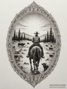 A shot of a lone cowboy herding cattle at sun... - эскиз тату (№1754593514_0, 07.08.2025 19:05) — Tatufoto.com