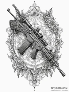 надпись мт-223680 с автоматом - орнаментал, чёрно-белая - эскиз тату (№1754593751_0, 07.08.2025 19:09) — Tatufoto.com