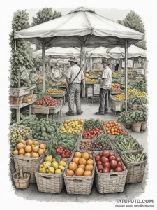 A shot of a farmer's market stall, overflowin... - эскиз тату (№1754595298_0, 07.08.2025 19:34) — Tatufoto.com