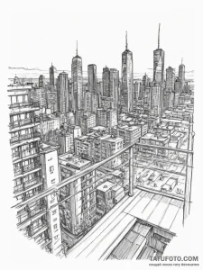 The view from a high-rise apartment balcony o... - эскиз тату (№1754602707_0, 07.08.2025 21:38) — Tatufoto.com