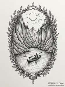 A kayaking trip through a narrow, serene sea... - эскиз тату (№1754602899_0, 07.08.2025 21:41) — Tatufoto.com