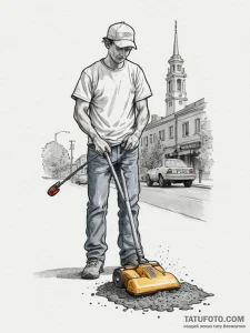 A street sweeper cleaning a city street in th... - эскиз тату (№1754604089_0, 07.08.2025 22:01) — Tatufoto.com