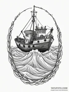 A fishing trawler on a rough sea, nets being... - эскиз тату (№1754606478_0, 07.08.2025 22:41) — Tatufoto.com