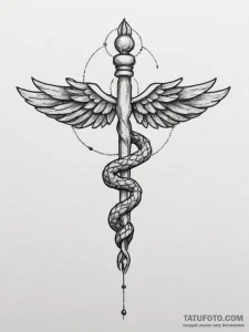 Caduceus, concept art for tattoo, clean lines... - эскиз тату (№1754619702_0, 08.08.2025 02:21) — Tatufoto.com