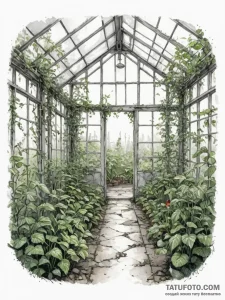 The interior of an abandoned, overgrown green... - эскиз тату (№1754619899_0, 08.08.2025 02:24) — Tatufoto.com