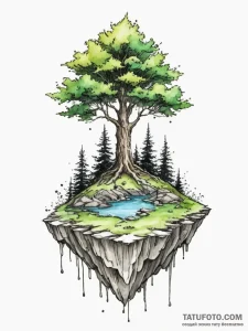 A floating island with a single tree, concept... - эскиз тату (№1754621917_0, 08.08.2025 02:58) — Tatufoto.com