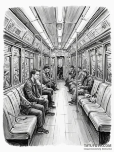 The interior of a subway car during rush hour... - эскиз тату (№1754624160_0, 08.08.2025 03:36) — Tatufoto.com