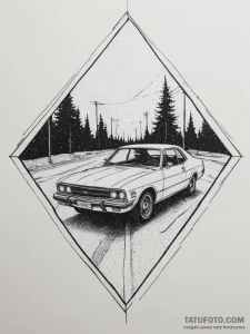 A car driving on a wet road at night, headlig... - эскиз тату (№1754624773_0, 08.08.2025 03:46) — Tatufoto.com