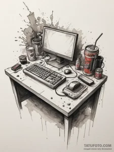 Tattoo sketch a gaming desk with a messy but... - эскиз тату (№1754630507_0, 08.08.2025 05:21) — Tatufoto.com