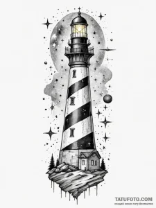 Lighthouse beam revealing constellations, tat... - эскиз тату (№1754638445_0, 08.08.2025 07:34) — Tatufoto.com