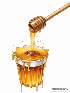 A close-up of honey dripping from a wooden di... - эскиз тату (№1754639043_0, 08.08.2025 07:44) — Tatufoto.com