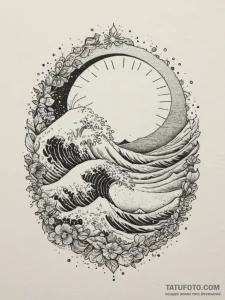 Tattoo design a wave and a sun, representing... - эскиз тату (№1754639241_0, 08.08.2025 07:47) — Tatufoto.com