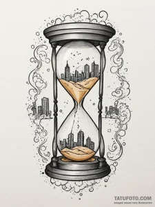 An hourglass filled with city dust instead of... - эскиз тату (№1754640230_0, 08.08.2025 08:03) — Tatufoto.com