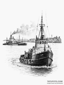 A shot of a tugboat guiding a large ship into... - эскиз тату (№1754647781_0, 08.08.2025 10:09) — Tatufoto.com