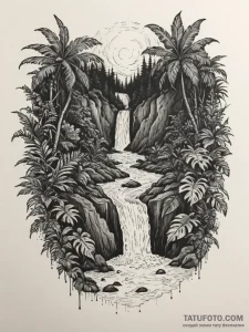 A hidden waterfall cascading into a lush, tro... - эскиз тату (№1754649762_0, 08.08.2025 10:42) — Tatufoto.com