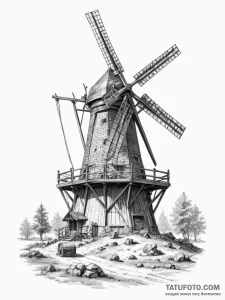 The interior of a working, historic windmill. - эскиз тату (№1754652346_0, 08.08.2025 11:25) — Tatufoto.com
