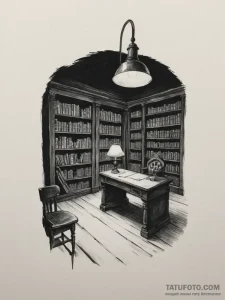 The interior of an old, dusty library at nigh... - эскиз тату (№1754658688_0, 08.08.2025 13:11) — Tatufoto.com