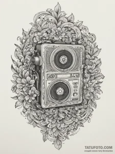Tape recorder, artistic tattoo sketch, clean... - эскиз тату (№1754666946_0, 08.08.2025 15:29) — Tatufoto.com