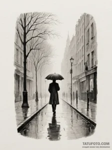 A lone figure with an umbrella walking down a... - эскиз тату (№1754667551_0, 08.08.2025 15:39) — Tatufoto.com