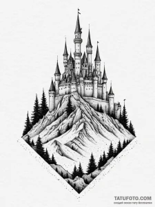 Tattoo sketch a pixelated castle silhouette o... - эскиз тату (№1754669357_0, 08.08.2025 16:09) — Tatufoto.com