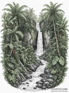 A hidden waterfall cascading into a lush, tro... - эскиз тату (№1754670959_0, 08.08.2025 16:35) — Tatufoto.com