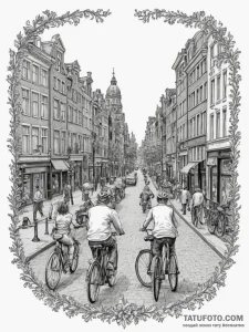 A shot of cyclists waiting for a traffic ligh... - эскиз тату (№1754677330_0, 08.08.2025 18:22) — Tatufoto.com
