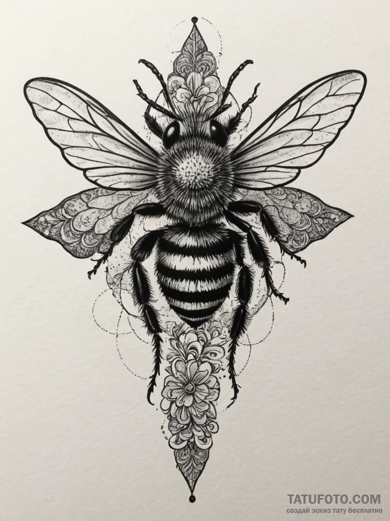 Tattoo design a small, intricate bee, symboli... - эскиз тату (№1754679542_0, 08.08.2025 18:59) — Tatufoto.com