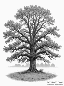 A single, ancient oak tree standing alone in... - эскиз тату (№1754680748_0, 08.08.2025 19:19) — Tatufoto.com