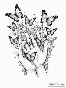 A human hand crumbling into butterflies - эскиз тату (№1754681949_0, 08.08.2025 19:39) — Tatufoto.com