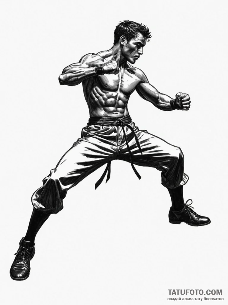 Tattoo sketch a silhouette of a fighter mid-k... - эскиз тату (№1754692207_0, 08.08.2025 22:30) — Tatufoto.com