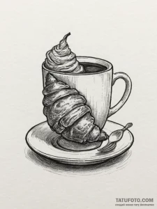 Tattoo sketch a coffee cup on one, a croissan... - эскиз тату (№1754692614_0, 08.08.2025 22:36) — Tatufoto.com