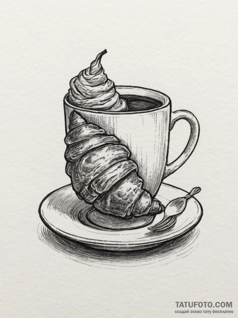 Tattoo sketch a coffee cup on one, a croissan... - эскиз тату (№1754692614_0, 08.08.2025 22:36) — Tatufoto.com