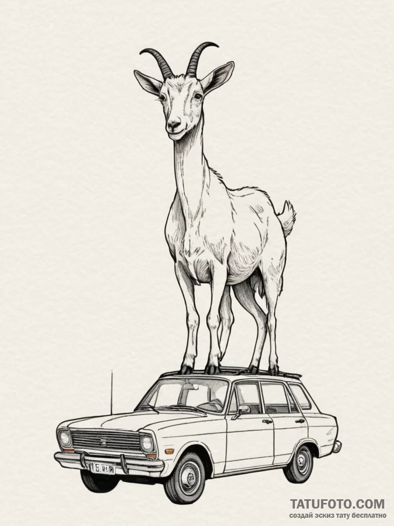 A curious goat standing on the roof of a car.... - эскиз тату (№1754694584_0, 08.08.2025 23:09) — Tatufoto.com