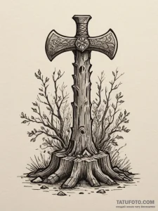 Tattoo sketch a warrior's axe embedded in a t... - эскиз тату (№1754695967_0, 08.08.2025 23:32) — Tatufoto.com