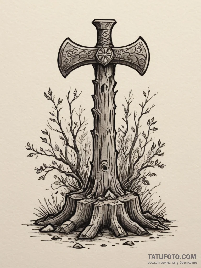 Tattoo sketch a warrior's axe embedded in a t... - эскиз тату (№1754695967_0, 08.08.2025 23:32) — Tatufoto.com