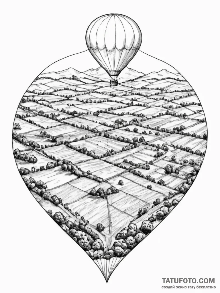 A view from a hot air balloon, looking down o... - эскиз тату (№1754697956_0, 09.08.2025 00:05) — Tatufoto.com