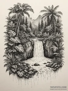 A hidden waterfall cascading into a lush, tro... - эскиз тату (№1754740281_0, 09.08.2025 11:51) — Tatufoto.com