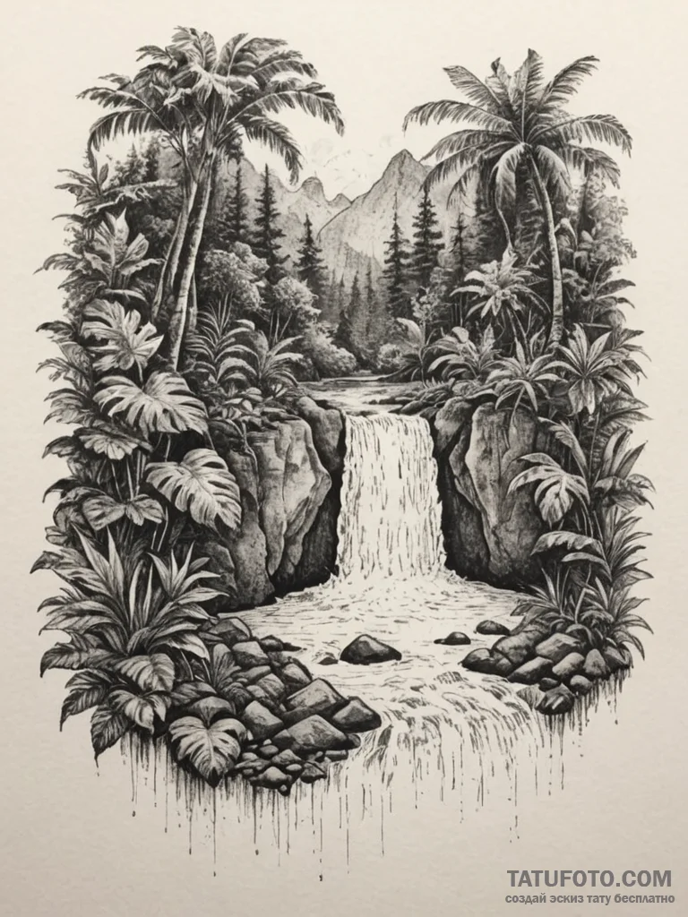 A hidden waterfall cascading into a lush, tro... - эскиз тату (№1754740281_0, 09.08.2025 11:51) — Tatufoto.com
