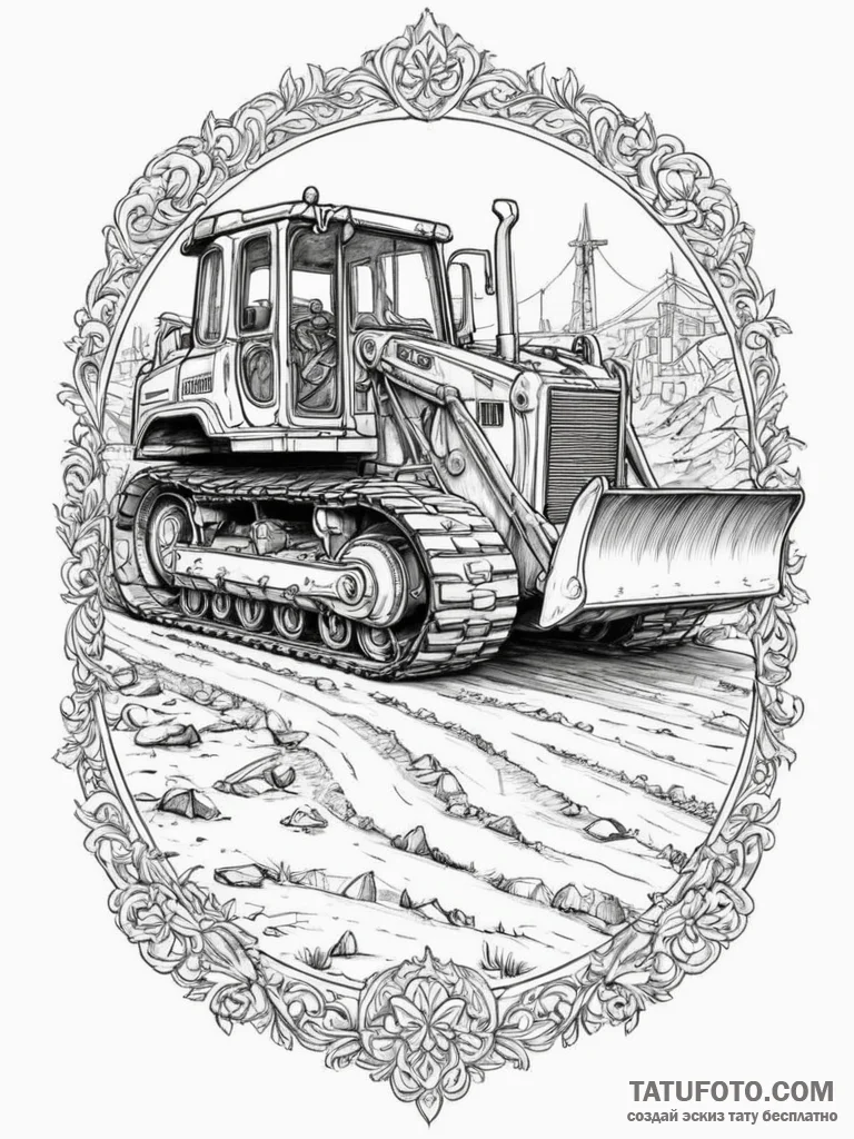 A bulldozer at a construction site., concept... - эскиз тату (№1754740882_0, 09.08.2025 12:01) — Tatufoto.com