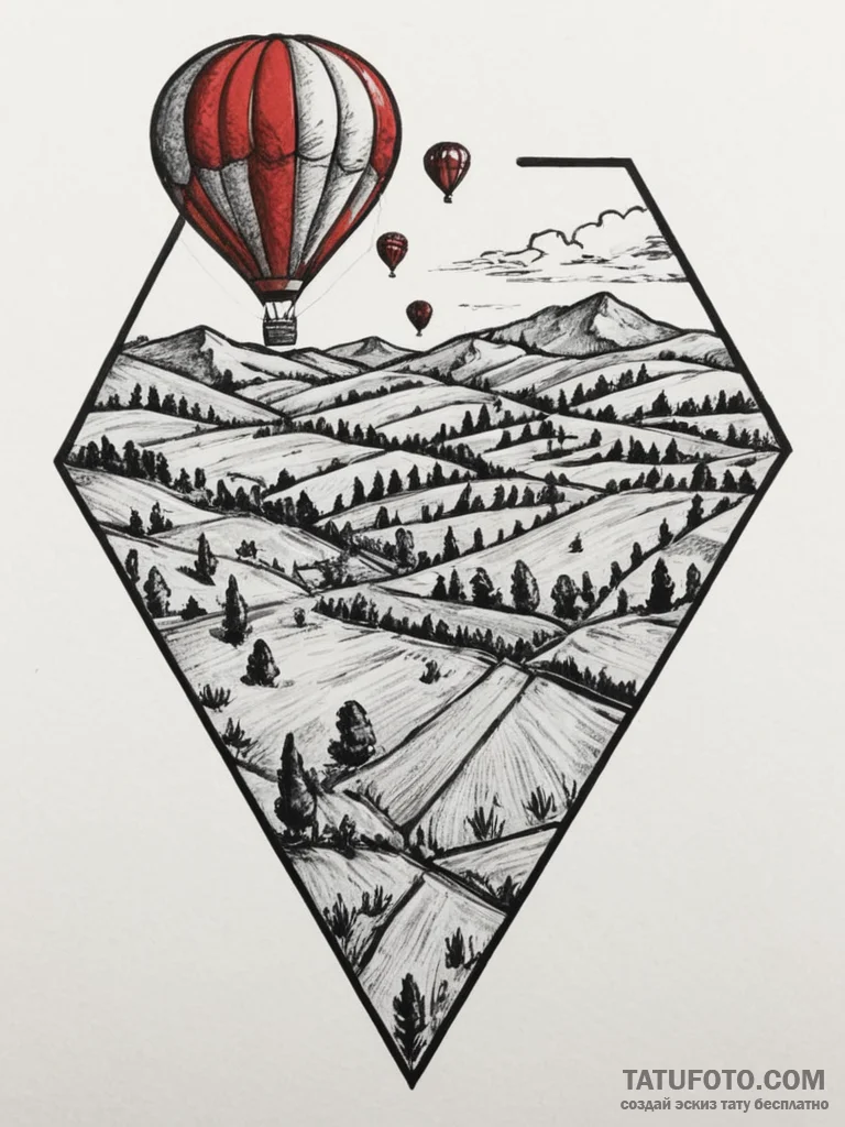 A view from a hot air balloon, looking down o... - эскиз тату (№1754741086_0, 09.08.2025 12:04) — Tatufoto.com