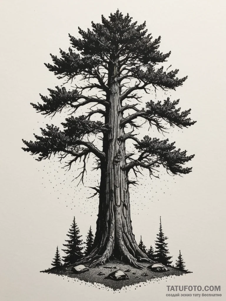 A low-angle shot of a massive redwood tree, e... - эскиз тату (№1754742087_0, 09.08.2025 12:21) — Tatufoto.com