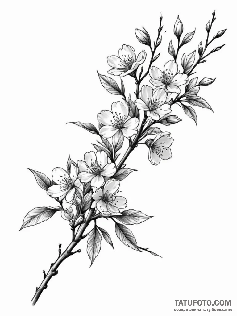 Tattoo sketch a branch of cherry blossoms, sy... - эскиз тату (№1754742487_0, 09.08.2025 12:28) — Tatufoto.com
