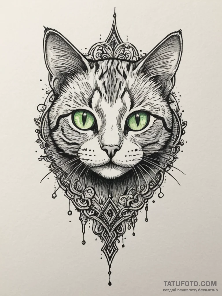 A close-up of a cat's vibrant green eye., tat... - эскиз тату (№1754742896_0, 09.08.2025 12:34) — Tatufoto.com