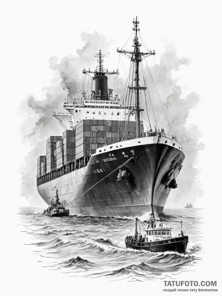 A massive container ship navigating through a... - эскиз тату (№1754743103_0, 09.08.2025 12:38) — Tatufoto.com