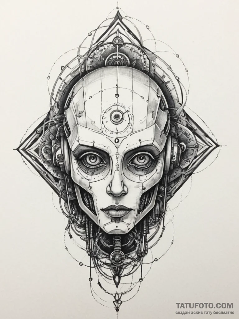 Tattoo sketch a broken robot head with wires... - эскиз тату (№1754745100_0, 09.08.2025 13:11) — Tatufoto.com