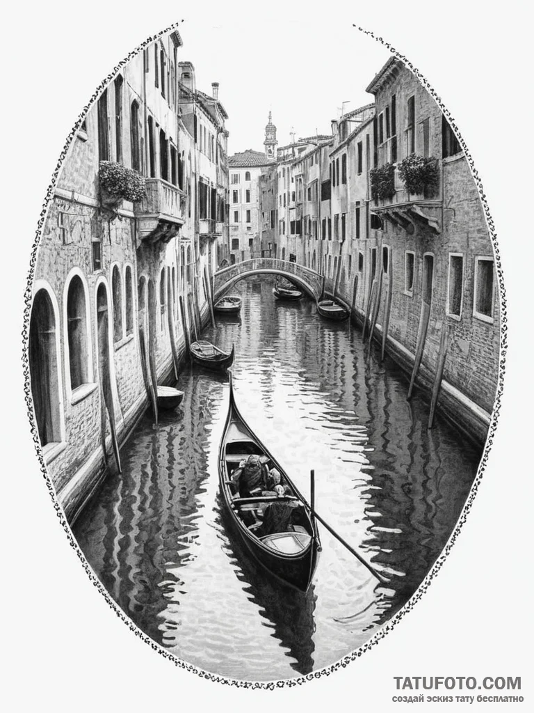 A single gondola gliding through a quiet vene… — эскиз тату (№1754752314_0, 09.08.2025 15:11) — Tatufoto.com
