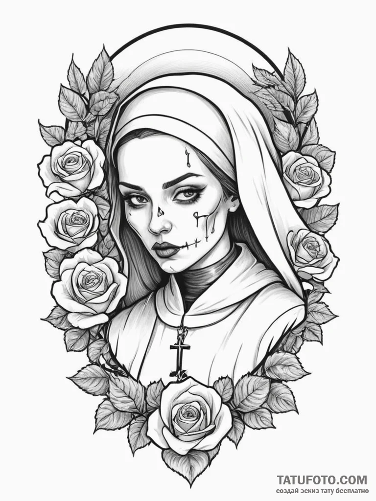 Nun, tattoo line art, chicano tattoo style, f… — эскиз тату (№1754752513_0, 09.08.2025 15:15) — Tatufoto.com